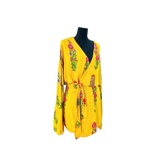 ASOS Boho Yellow Floral Kimono Wrap Mini Dress - XL - Picture 3 of 8